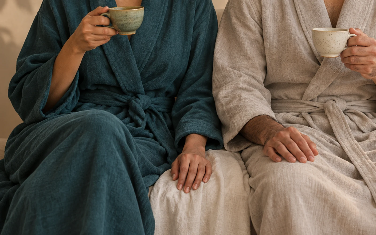 Two Indian guests in light spa robes share herbal tea during a quiet wellness pause.