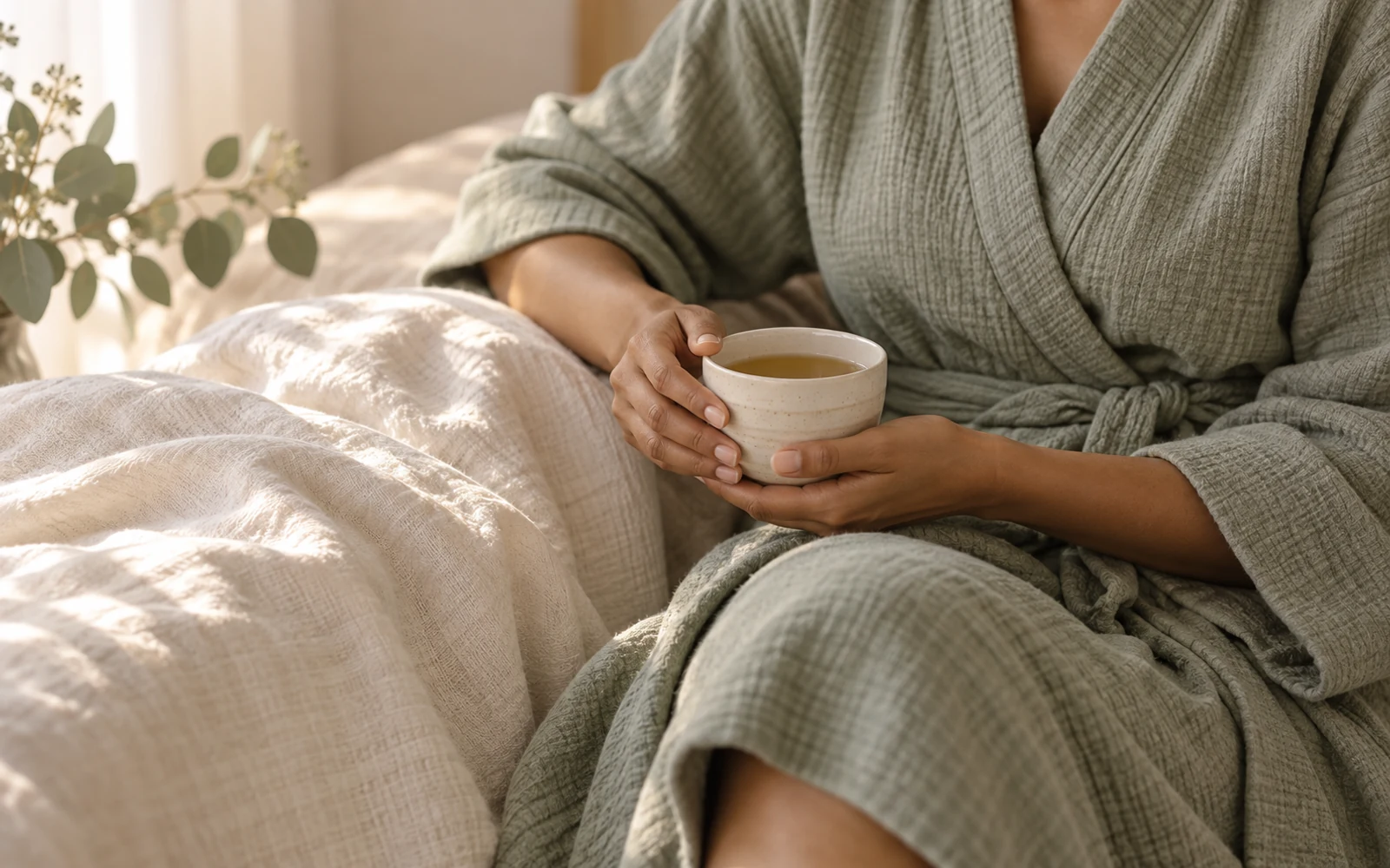 A relaxed Indian guest in a soft robe enjoys herbal tea after a spa treatment.