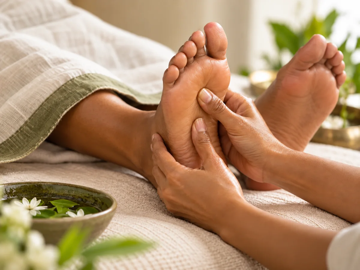 A professional therapist performs foot reflexology as a focused wellness add-on.
