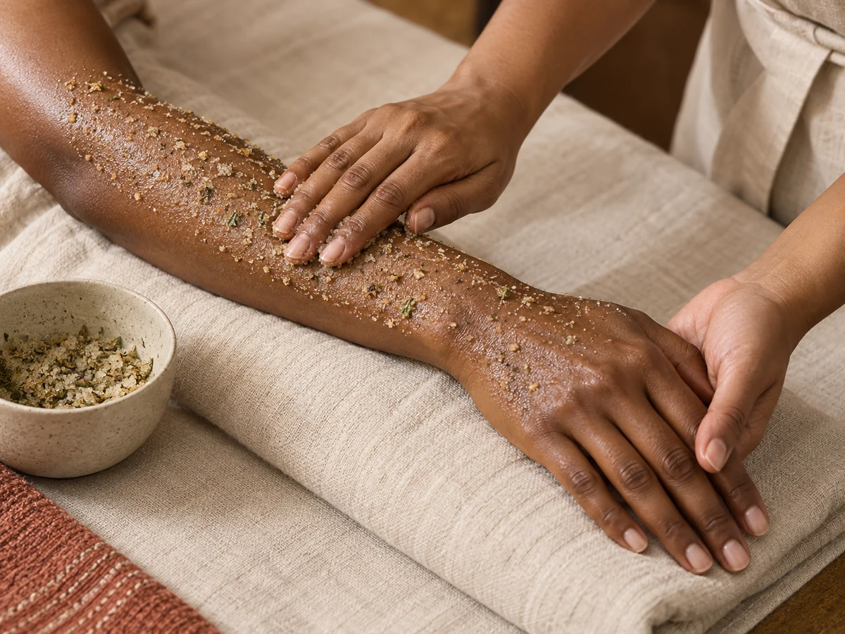 A professional spa therapist applies a botanical body scrub to an Indian guest’s forearm.