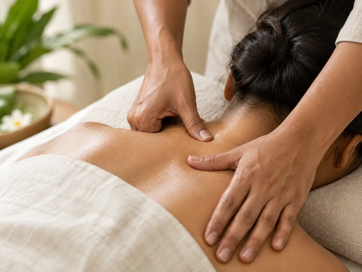 A professional therapist performs a focused neck and shoulder treatment for a properly draped guest.